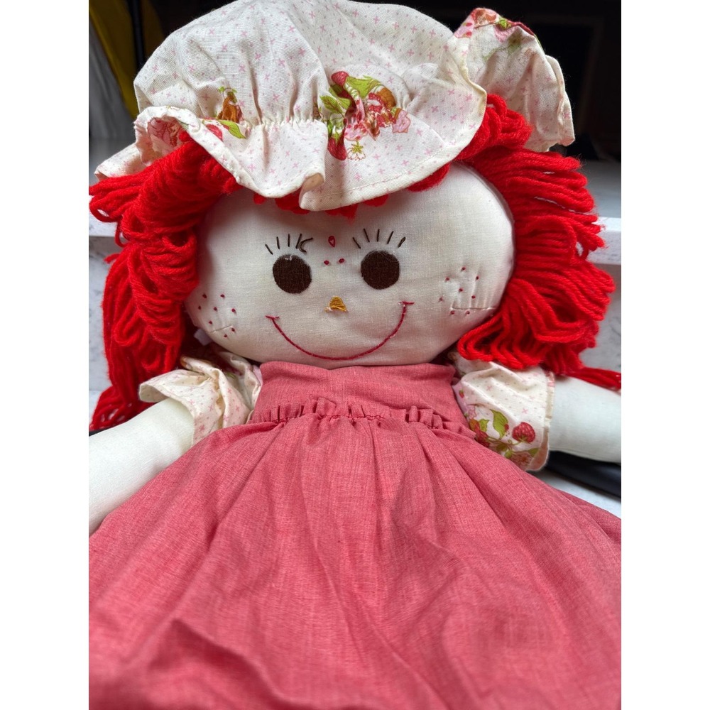 Handmade Rag Doll Red Yarn Hair Strawberry Print Dress and Bonnet 21 Inch